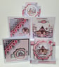 Set of 5 Coordinating Christmas Cards - Pink Poinsettia Snowy Homes - Image 1