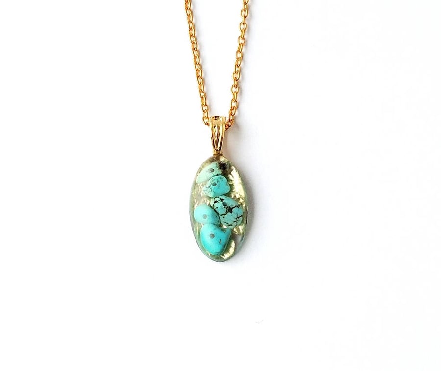 Turquoise & Gold Pendant on Gold Plated Chain   2397