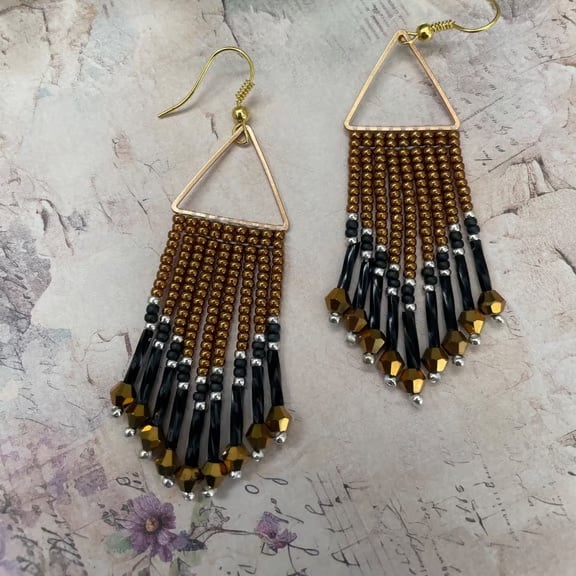 Bronze & Black Beaded Fringe statement earrings, elegant dangle earrings, boho