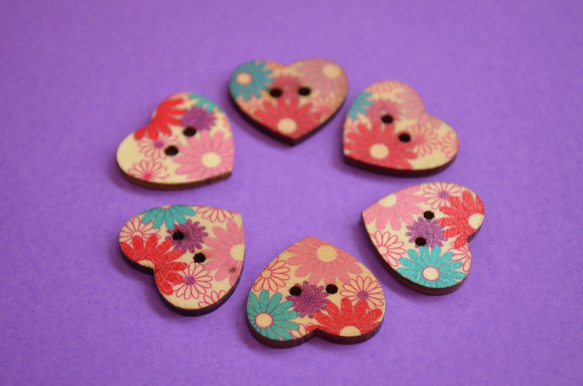 Wooden Heart Buttons Floral Retro Daisy Pink Red Purple Blue 6pk 25x22mm (H14)
