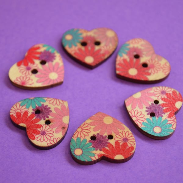 Wooden Heart Buttons Floral Retro Daisy Pink Red Purple Blue 6pk 25x22mm (H14)