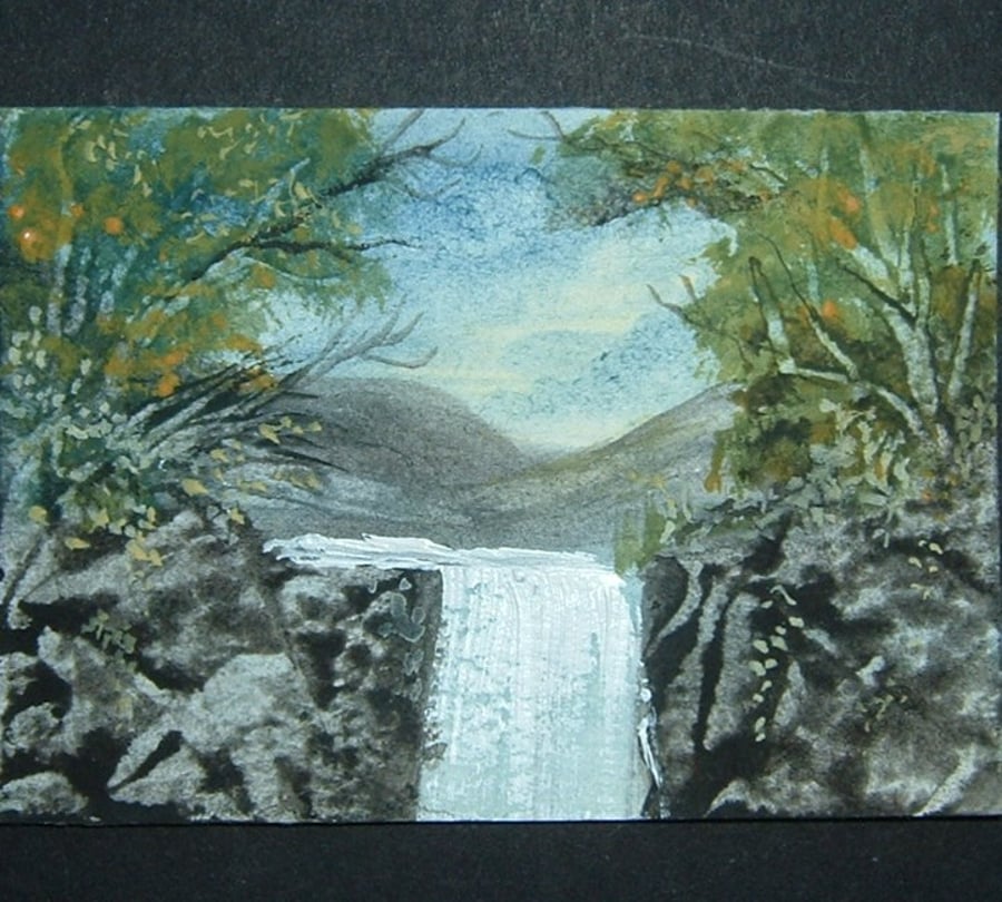 aceo art painting watercolour waterfall landscape ref 523