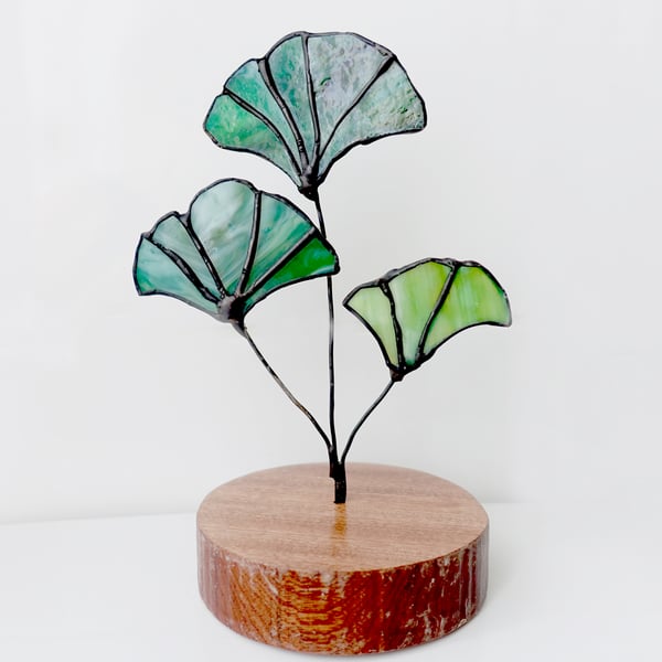 Ginkgo Leaves Glass Art Ornament on solid Sapele Base.