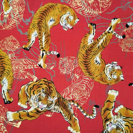 Fat Quarter Fierce Metallic Tiger On Red 100% Cotton Quilting Fabric