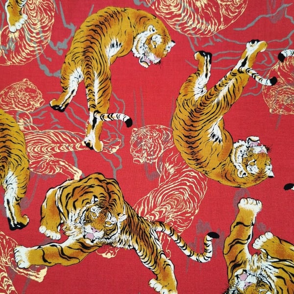Fat Quarter Fierce Metallic Tiger On Red 100% Cotton Quilting Fabric