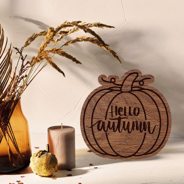 Hello Autumn Wooden Pumpkin PlaqueSign For Fall Cosy Aesthetic, Autumnal Vib