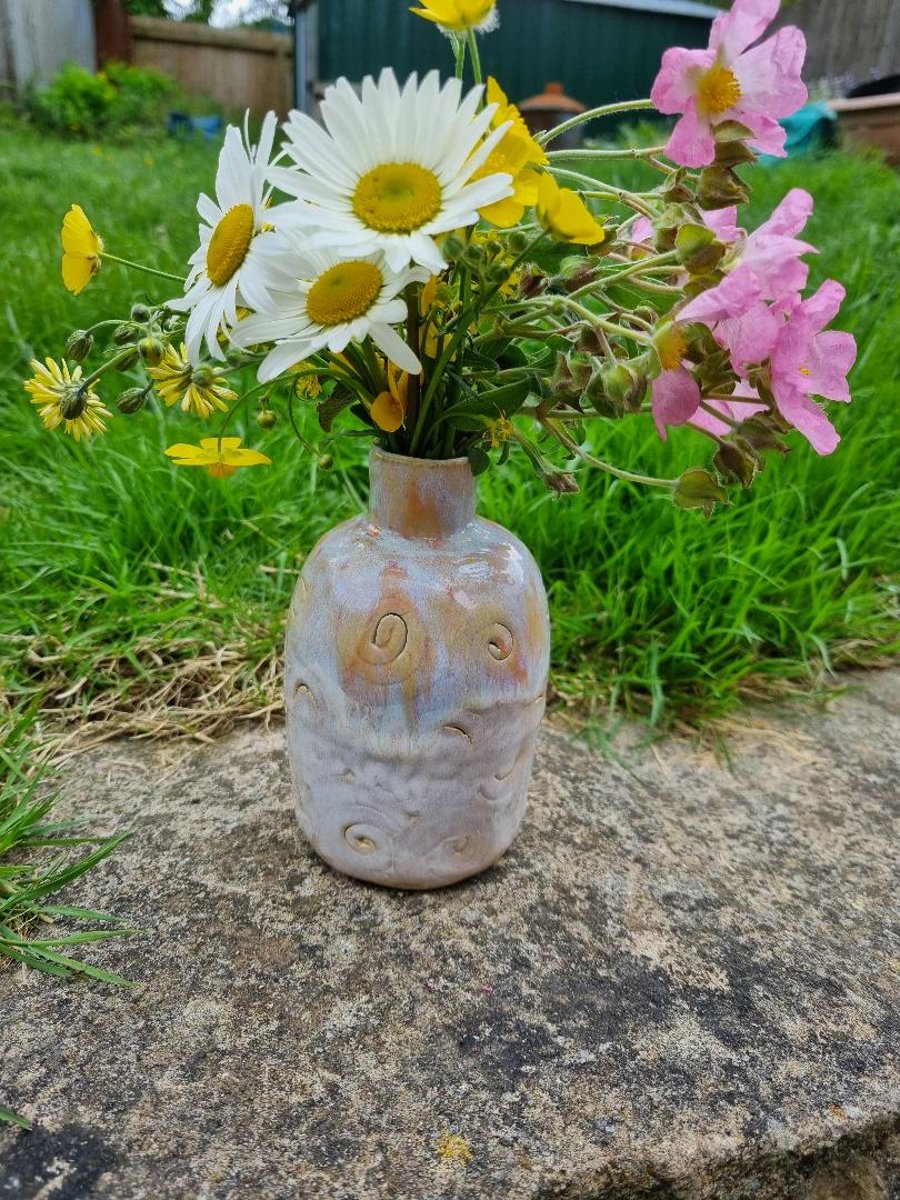Pretty ceramic pottery Bud Vase with drippy pastel glaze