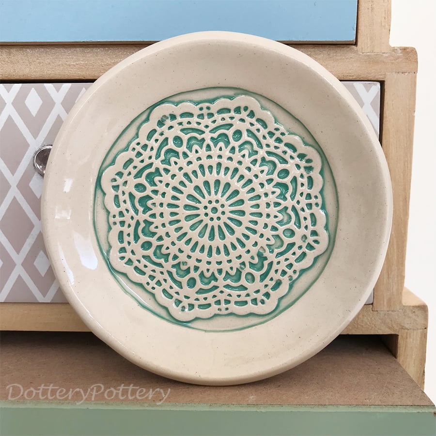 Small ceramic trinket dish with lace pattern teal