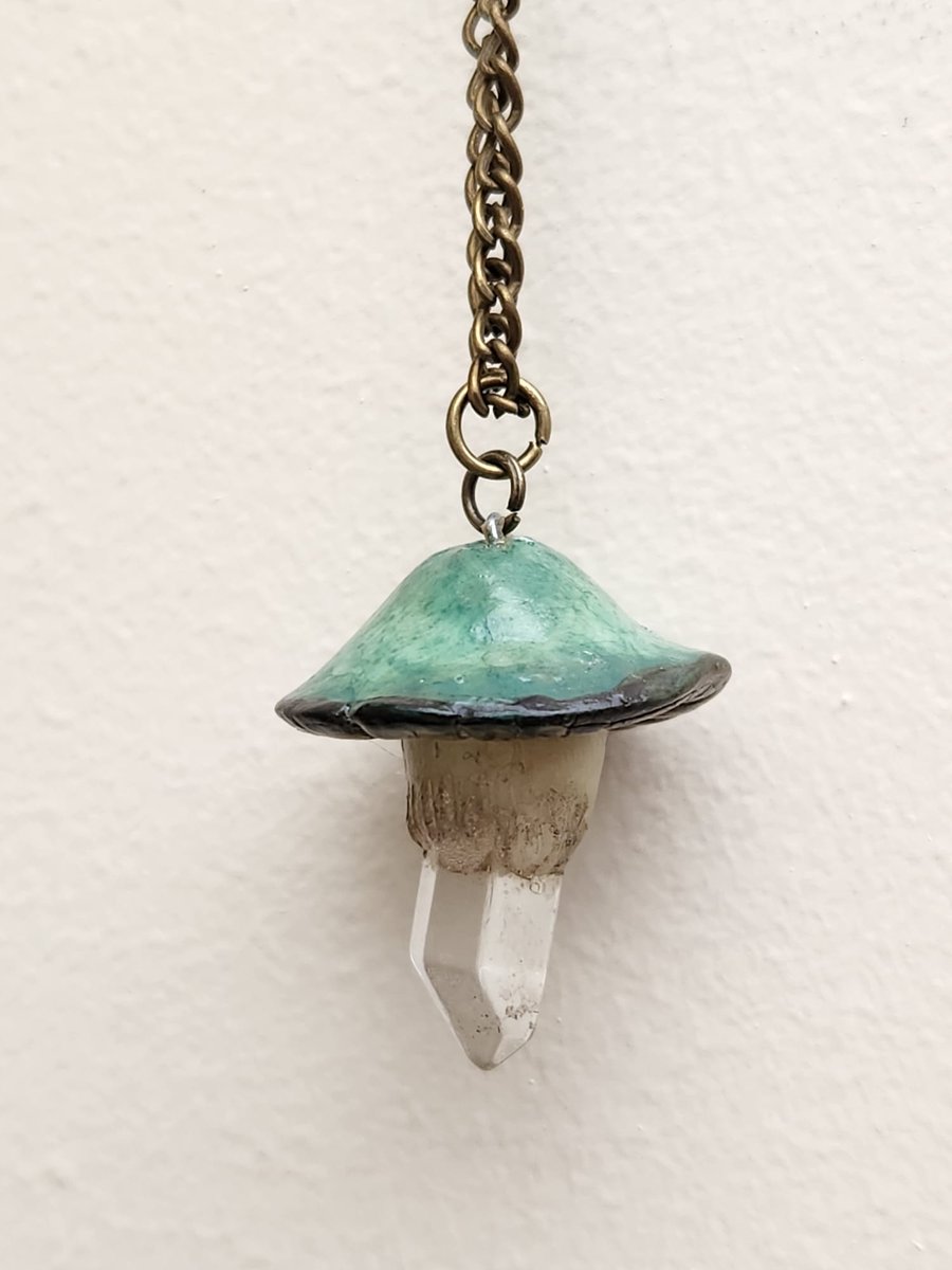 Polymer Clay fantasy green mushroom cottagecore crystal necklace