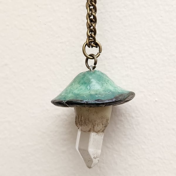 Polymer Clay fantasy green mushroom cottagecore crystal necklace