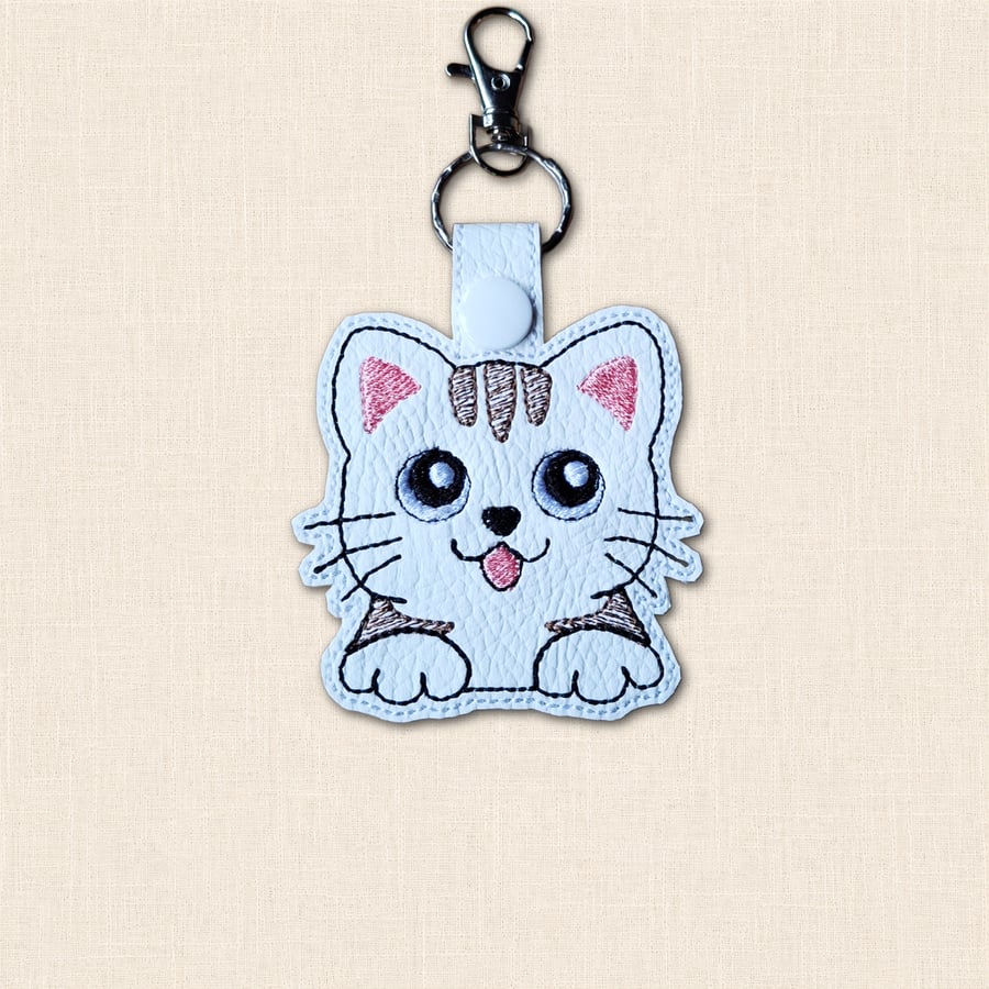 Kawaii Kitty Cat Keyring - Embroidered Faux Leather Animal Bag Charm