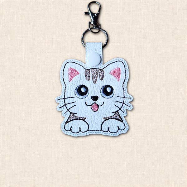 Kawaii Kitty Cat Keyring - Embroidered Faux Leather Animal Bag Charm