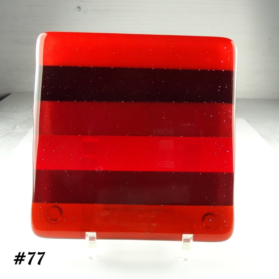Handcrafted fused glass red striped coaster, with bumper feet, 9cm (77)