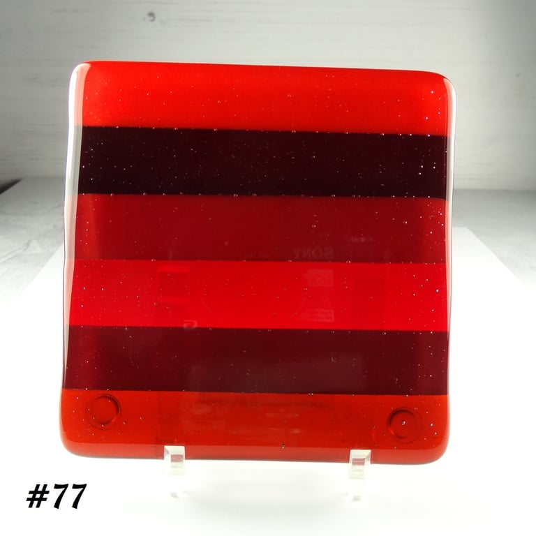 Handcrafted fused glass red striped coaster, with bumper feet, 9cm (77)