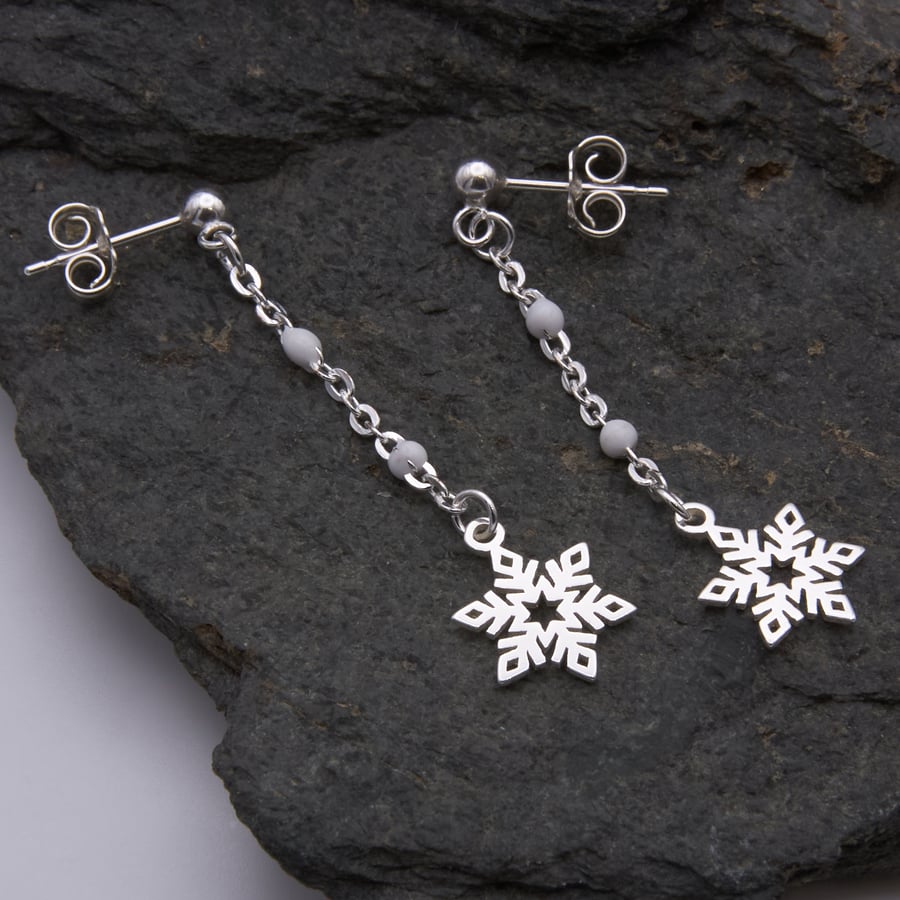 Snowflake and Snowball Sterling Silver Dangle Earrings