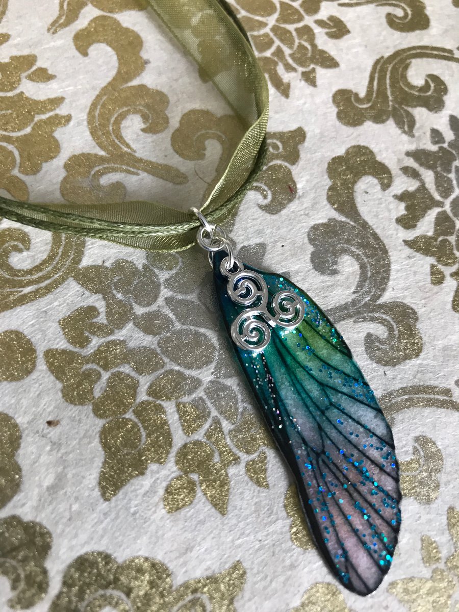 SALE Blue and Green Triskelion Fairy Wing and Green Organza Cord Necklace 