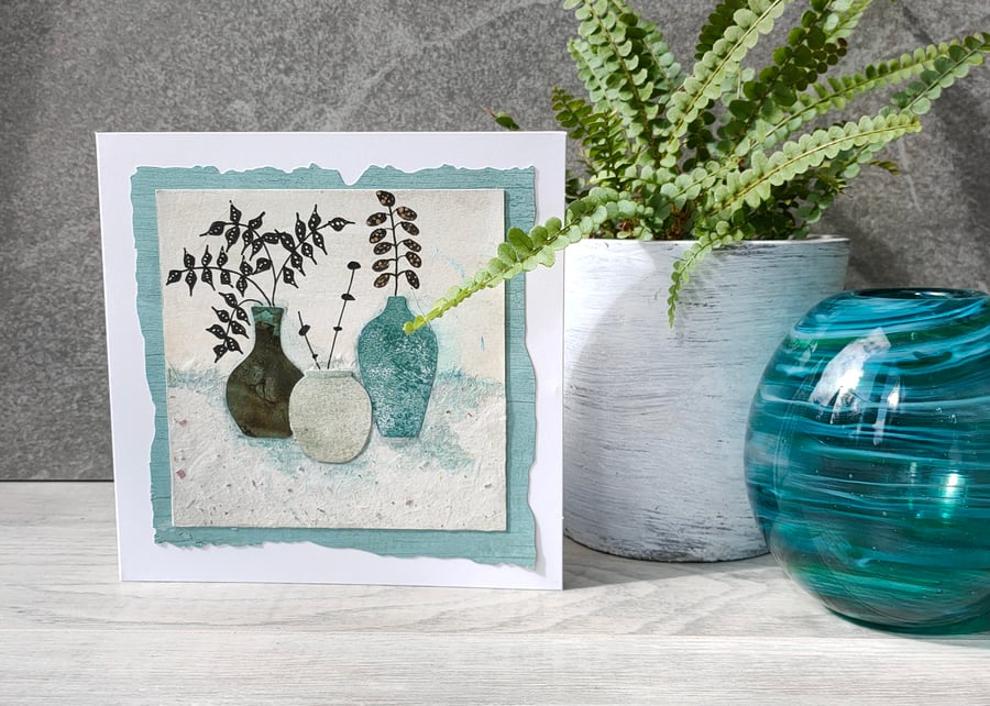 Green 6" x 6" mixed media botanical card