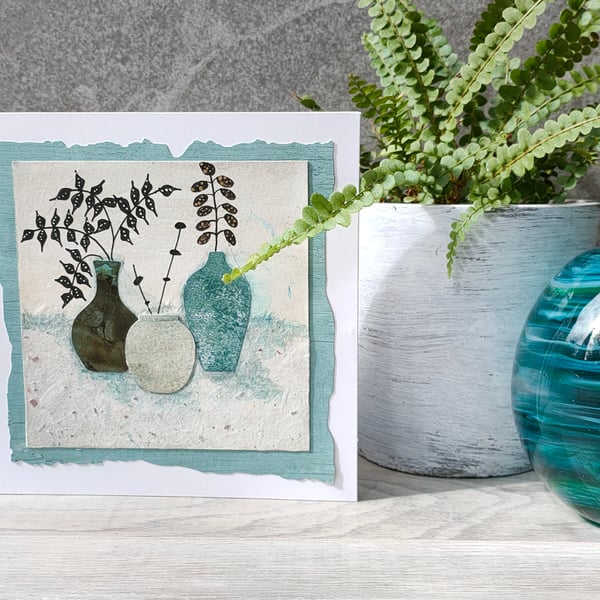 Green 6" x 6" mixed media botanical card