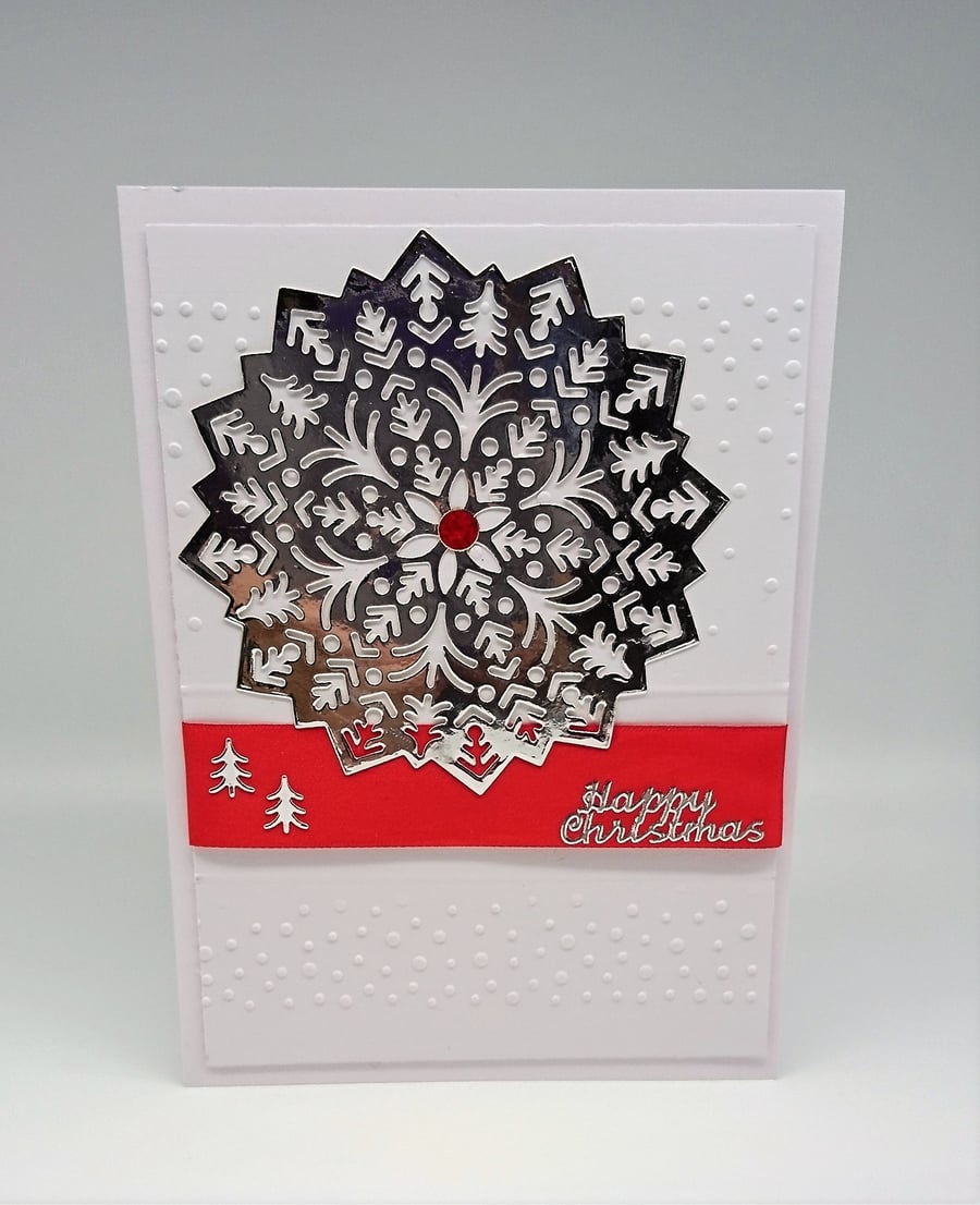 "Happy Christmas" Embossed Handmade Card, Snowflake Design. FREE P&P to UK. 