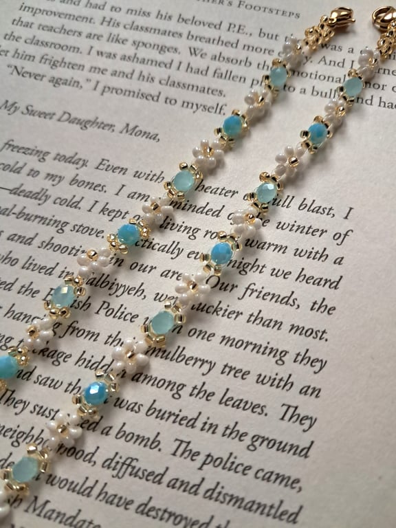 For Summer Days: Aqua Blue & Pearl White Beaded Necklace and Bracelet Set