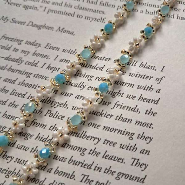 For Summer Days: Aqua Blue & Pearl White Beaded Necklace and Bracelet Set