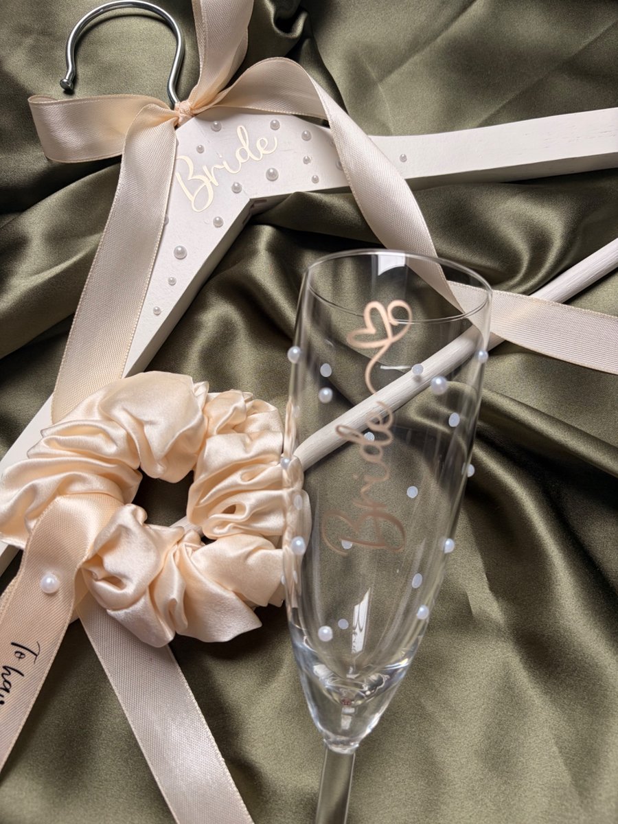 Personalised Bride Gift Set with Champagne Flute, Silk Scrunchie & Bridal Hanger