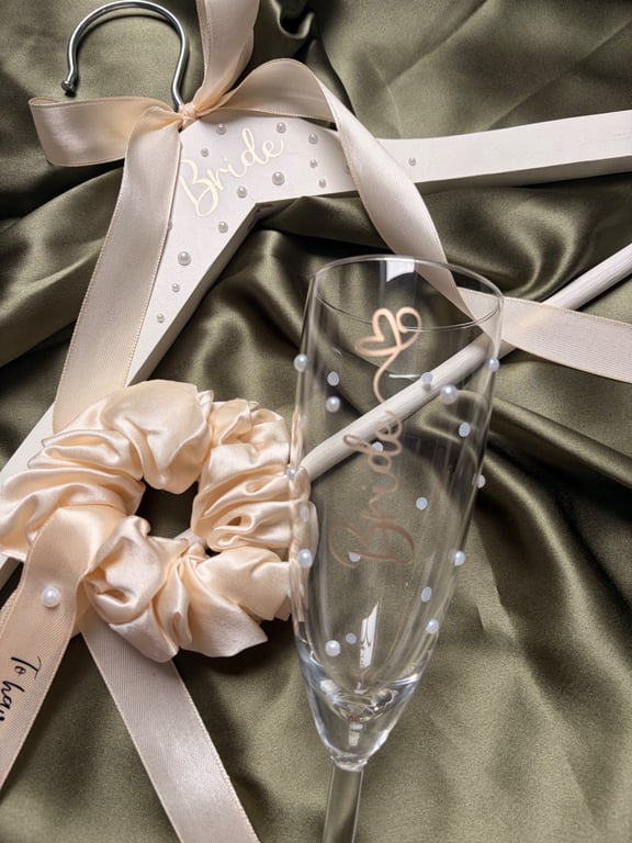 Personalised Bride Gift Set with Champagne Flute, Silk Scrunchie & Bridal Hanger