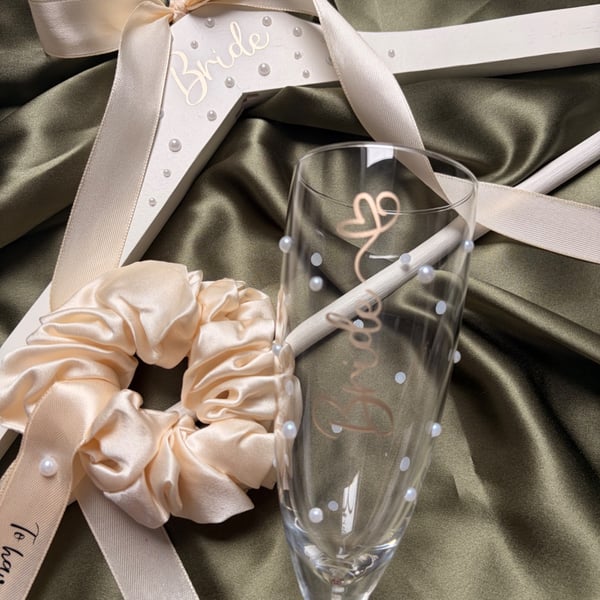 Personalised Bride Gift Set with Champagne Flute, Silk Scrunchie & Bridal Hanger