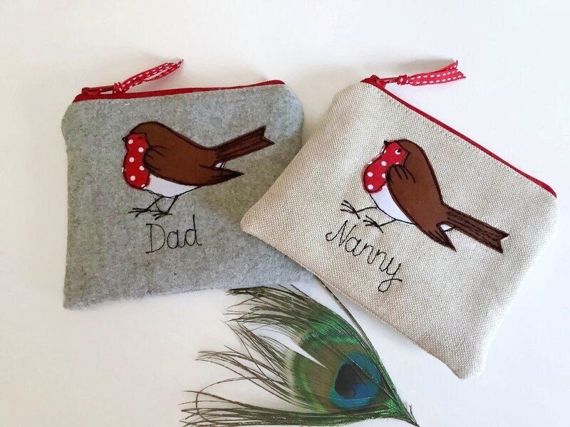 Personalised Robin Bird Purse - Linen or Grey - Custom Name or Wording - Xmas 