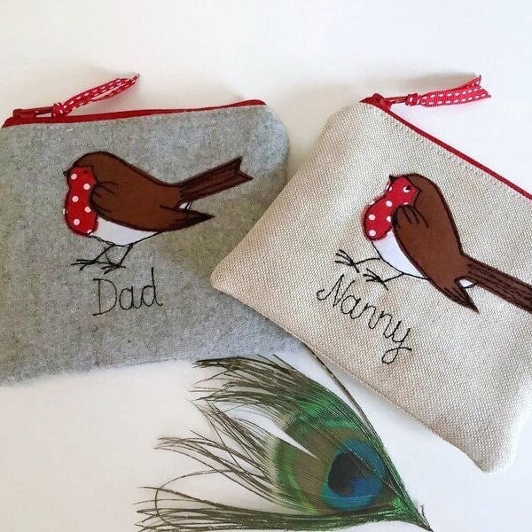 Personalised Robin Bird Purse - Linen or Grey - Custom Name or Wording - Xmas 
