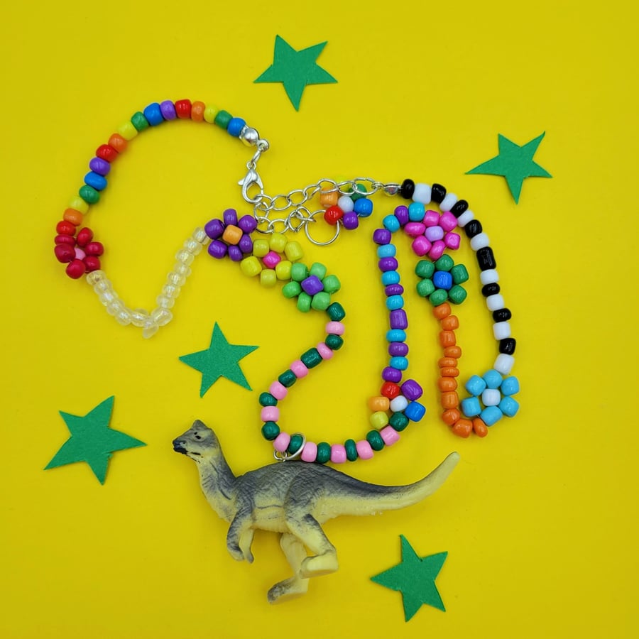 Chunky beaded necklace with up-cycled dinosaur charm