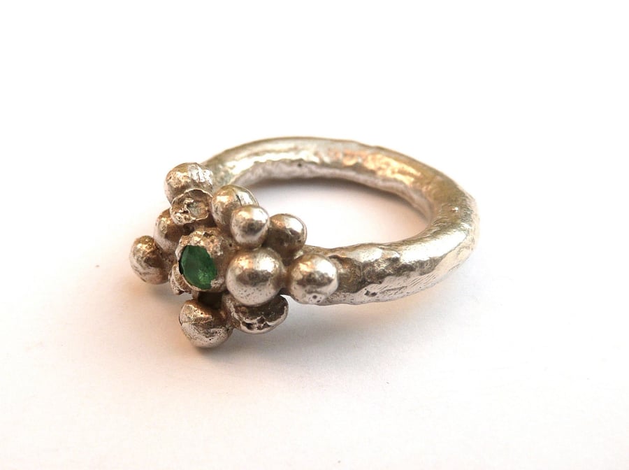Silver Cluster Ring with Faceted Emerald