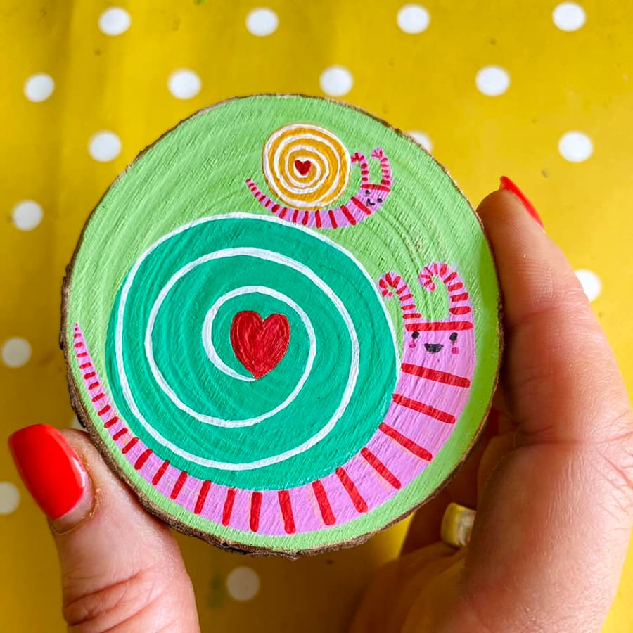 Swirly Snails - Small, Hand Painted Rustic Wooden Slice  