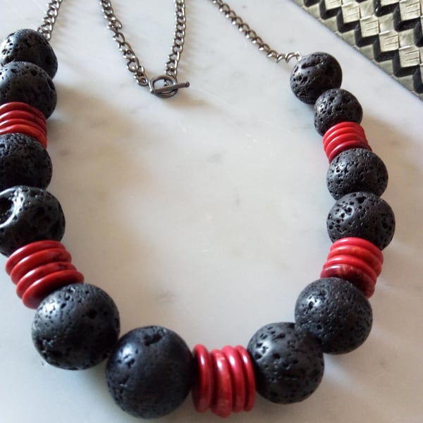 SALE - BLACK LAVA AND RED MAGNASITE NECKLACE - LAVA NECKLACE  - FREE UK SHIPPING
