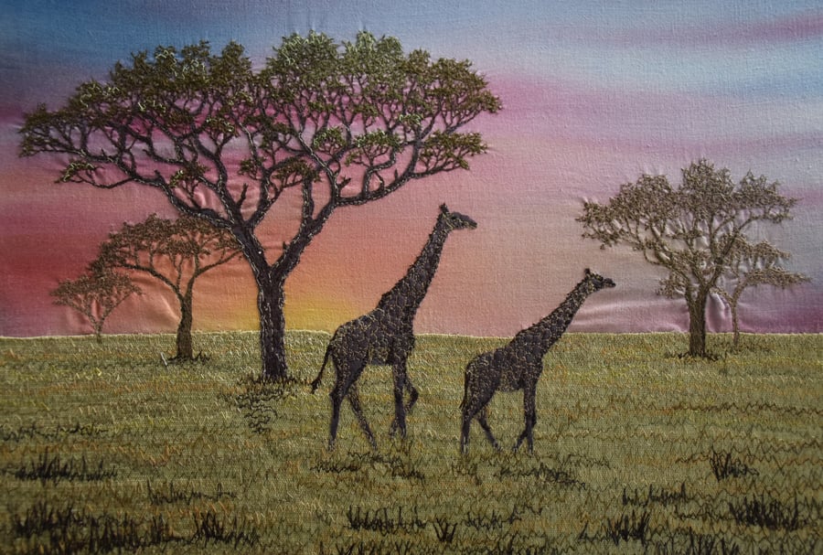 Serengeti Sunrise, embroidered textile picture