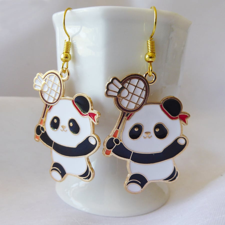 Whimsical Enamelled Panda Playing Badminton with Gold Plated Earrings