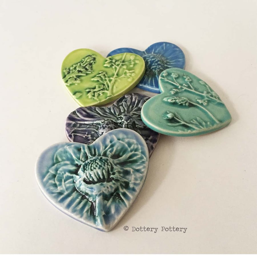 30% OFF Set of five ceramic heart tiles with flowers bright glazes purples