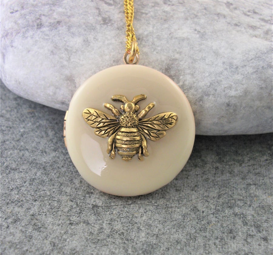 Cream Bee Locket Necklace. Gift For Women.