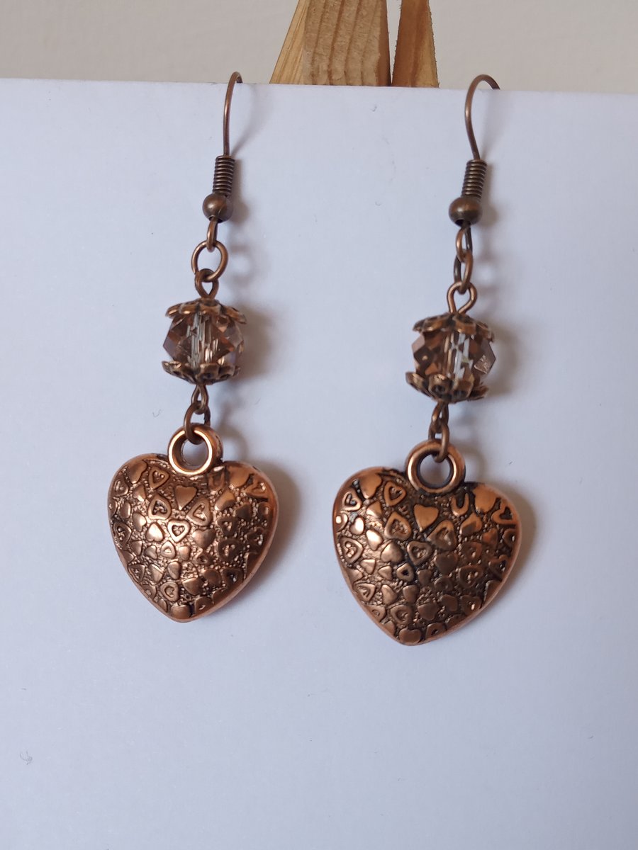 Antique Red Copper Heart Earrings with Crystals - 3 closures to choose from