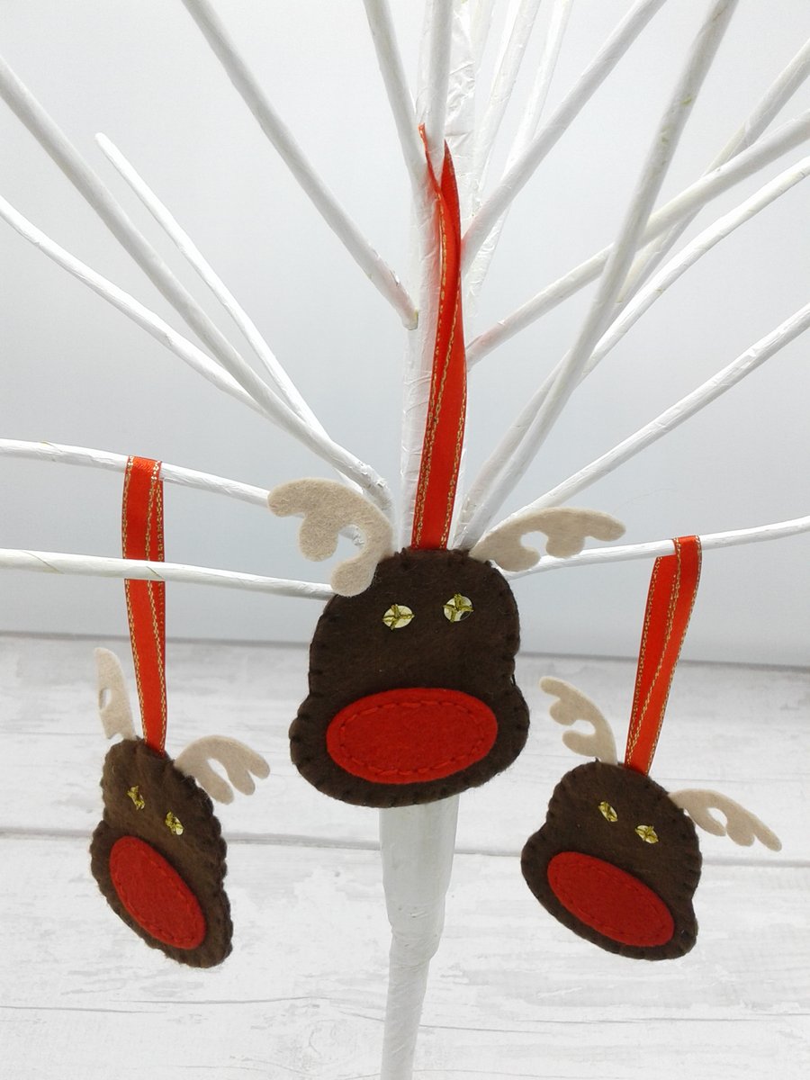 Christmas decorations. Felt Rudolf decorations. Pocket hugs. Favours.Set of 5.