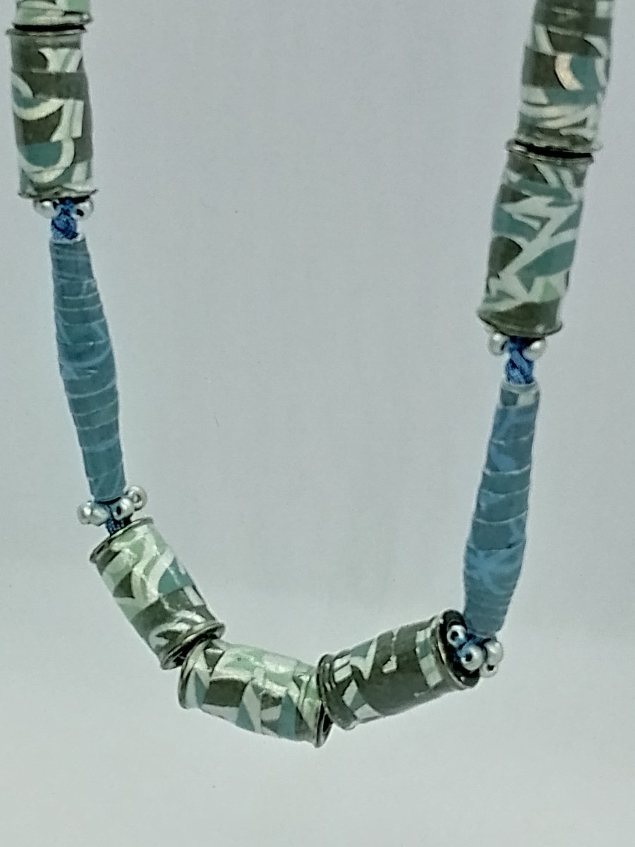 Long Blue Flock Paper Bead Necklace With Silver Seed Beads 