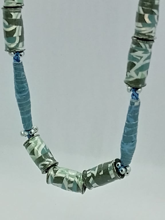 Long Blue Flock Paper Bead Necklace With Silver Seed Beads 