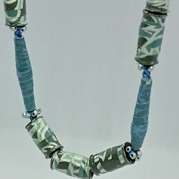 Long Blue Flock Paper Bead Necklace With Silver Seed Beads 