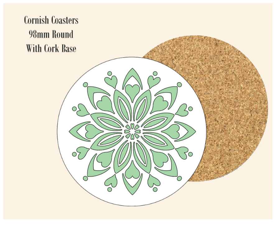 Green Abstract Flower  Coaster 9.8cm Round With Cork Base.- Design 1