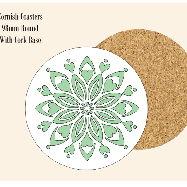 Green Abstract Flower  Coaster 9.8cm Round With Cork Base.- Design 1