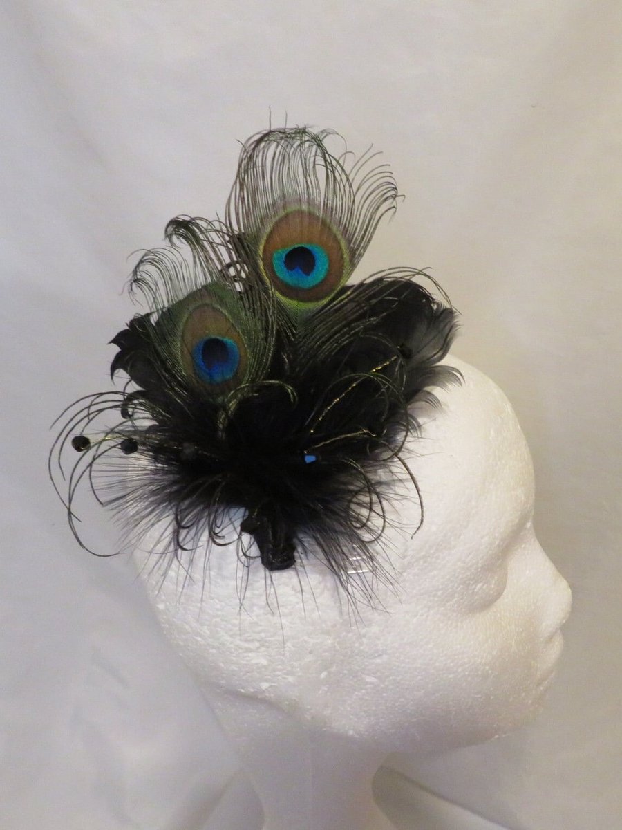 Black Peacock Feather & Crystal Vintage Style Comb Wedding Fascinator 