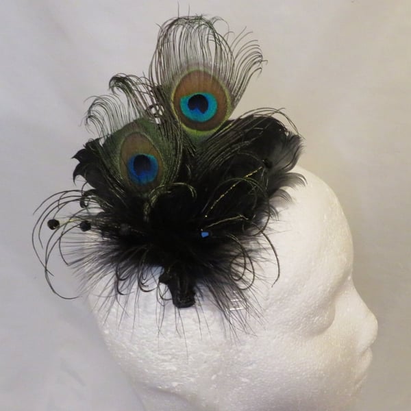 Black Peacock Feather & Crystal Vintage Style Comb Wedding Fascinator 