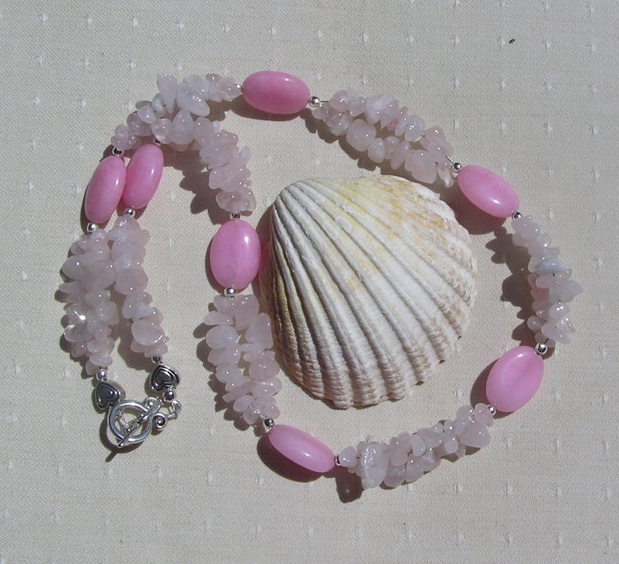 Rose Quartz Crystal Gemstone Beaded Chakra Statement Necklace "Rose Cascade"