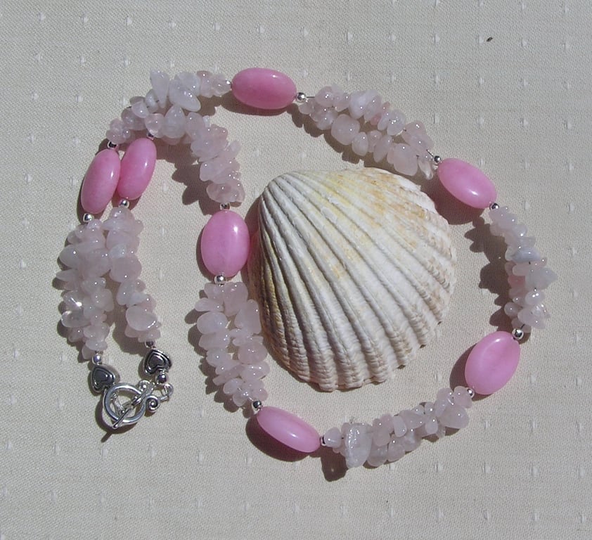 Rose Quartz Crystal Gemstone Beaded Chakra Statement Necklace "Rose Cascade"