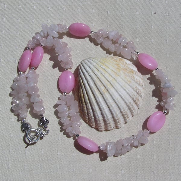 Rose Quartz Crystal Gemstone Beaded Chakra Statement Necklace "Rose Cascade"